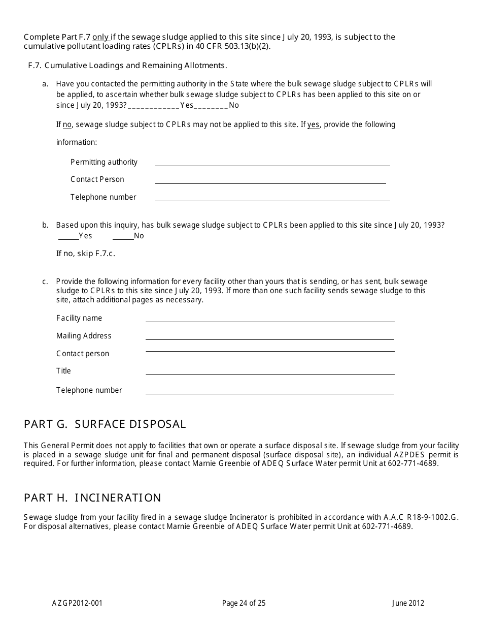AZPDES Form AZGP2012-001 Notice of Intent (Noi) Form for Infrequent Discharges of Domestic Wastewater to Waters of the United States - Arizona, Page 24