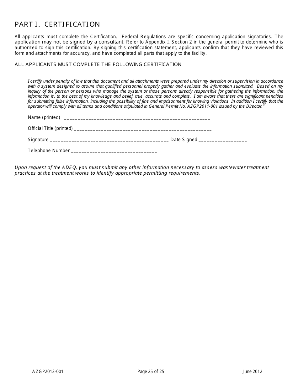 AZPDES Form AZGP2012-001 Notice of Intent (Noi) Form for Infrequent Discharges of Domestic Wastewater to Waters of the United States - Arizona, Page 25