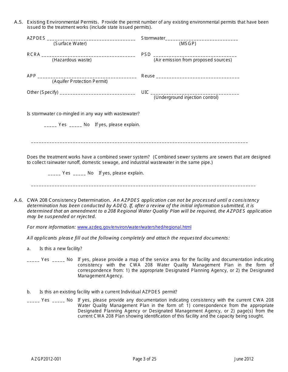 AZPDES Form AZGP2012-001 Notice of Intent (Noi) Form for Infrequent Discharges of Domestic Wastewater to Waters of the United States - Arizona, Page 3