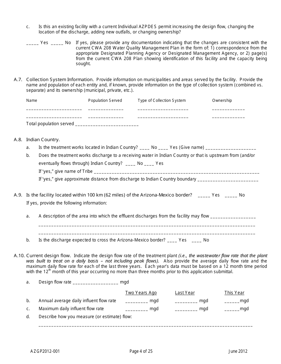 AZPDES Form AZGP2012-001 Notice of Intent (Noi) Form for Infrequent Discharges of Domestic Wastewater to Waters of the United States - Arizona, Page 4