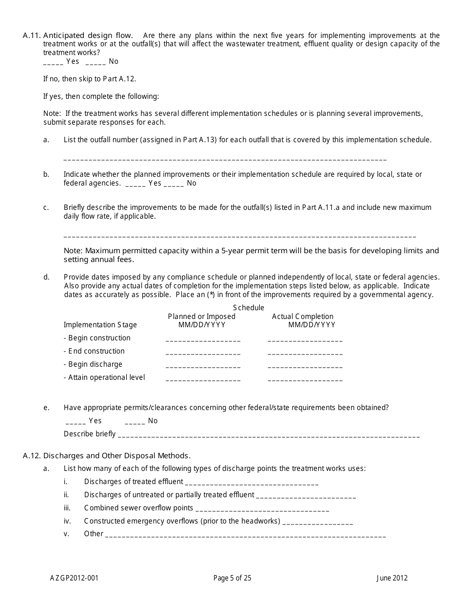 AZPDES Form AZGP2012-001 Notice of Intent (Noi) Form for Infrequent Discharges of Domestic Wastewater to Waters of the United States - Arizona, Page 5