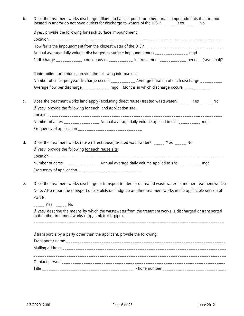 AZPDES Form AZGP2012-001 Notice of Intent (Noi) Form for Infrequent Discharges of Domestic Wastewater to Waters of the United States - Arizona, Page 6
