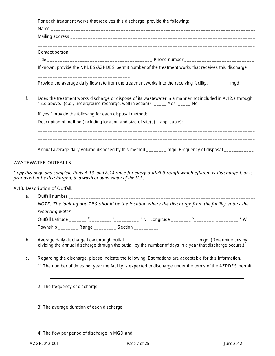AZPDES Form AZGP2012-001 Notice of Intent (Noi) Form for Infrequent Discharges of Domestic Wastewater to Waters of the United States - Arizona, Page 7