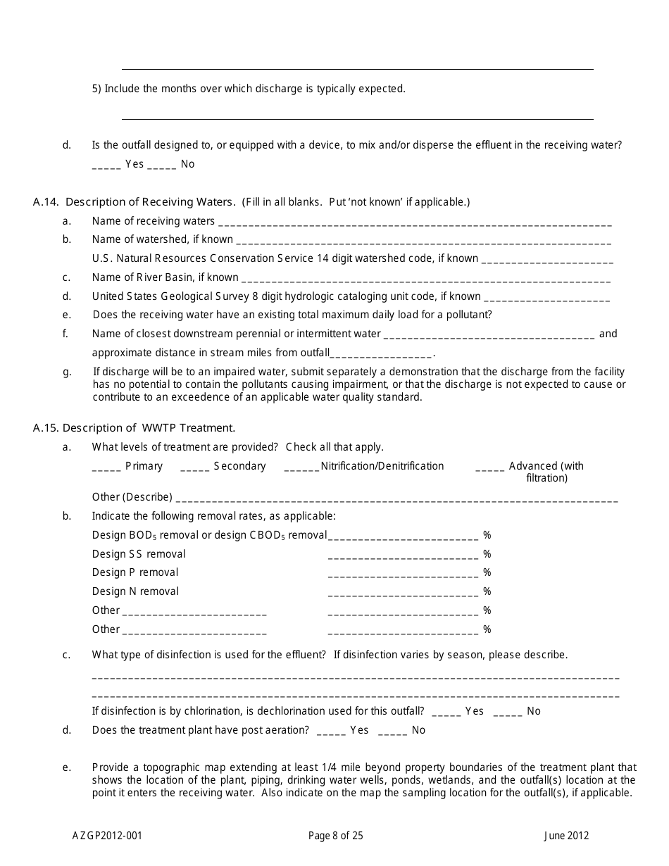 AZPDES Form AZGP2012-001 Notice of Intent (Noi) Form for Infrequent Discharges of Domestic Wastewater to Waters of the United States - Arizona, Page 8