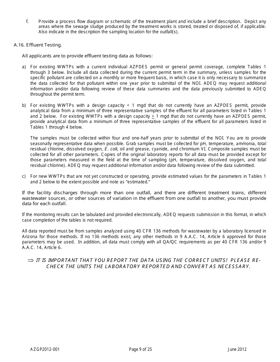 AZPDES Form AZGP2012-001 Notice of Intent (Noi) Form for Infrequent Discharges of Domestic Wastewater to Waters of the United States - Arizona, Page 9