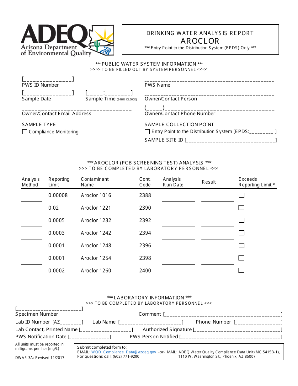 ADEQ Form DWAR3A Drinking Water Analysis Report - Aroclor - Arizona, Page 1