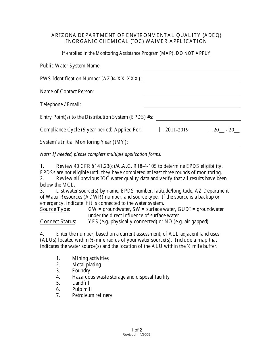 Inorganic Chemical (Ioc) Waiver Application Form - Arizona, Page 1