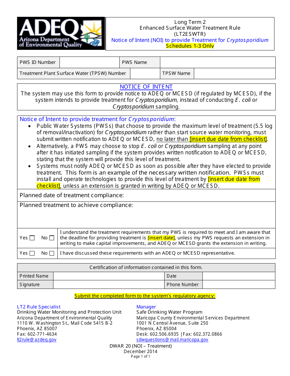 ADEQ Form DWAR20 (NOI TREATMENT) Fill Out, Sign Online and Download