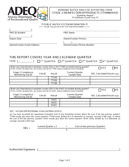 ADEQ Form DWAR33A Drinking Water Analysis Reporting Form - Stage 2 Disinfection Byproducts (Tthm&haa5) - Quarterly Report - Arizona