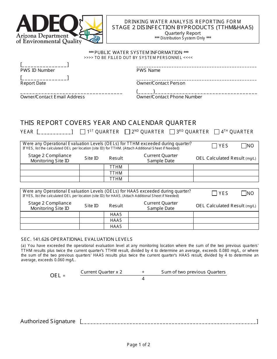 ADEQ Form DWAR33A Drinking Water Analysis Reporting Form - Stage 2 Disinfection Byproducts (Tthmhaa5) - Quarterly Report - Arizona, Page 1