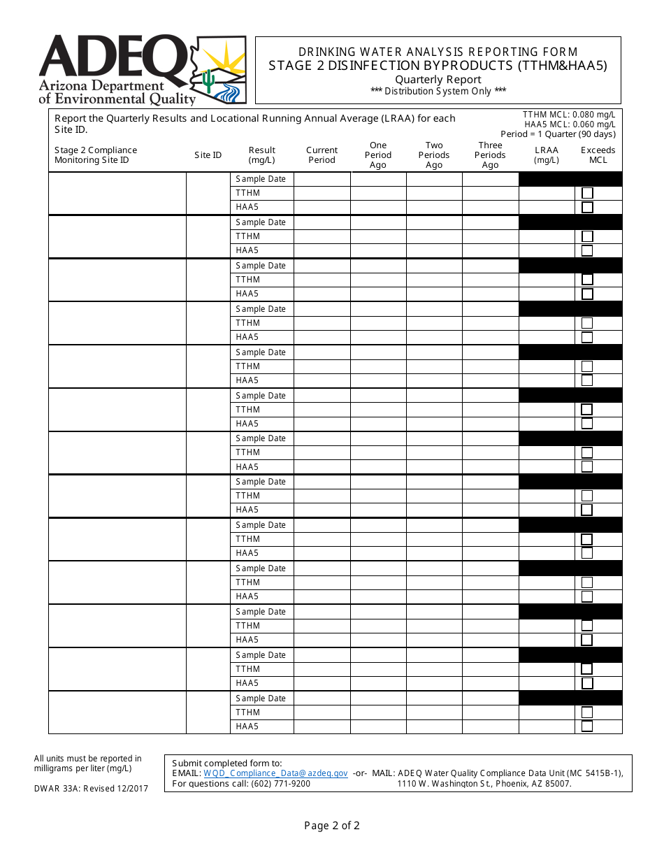 ADEQ Form DWAR33A Drinking Water Analysis Reporting Form - Stage 2 Disinfection Byproducts (Tthmhaa5) - Quarterly Report - Arizona, Page 2