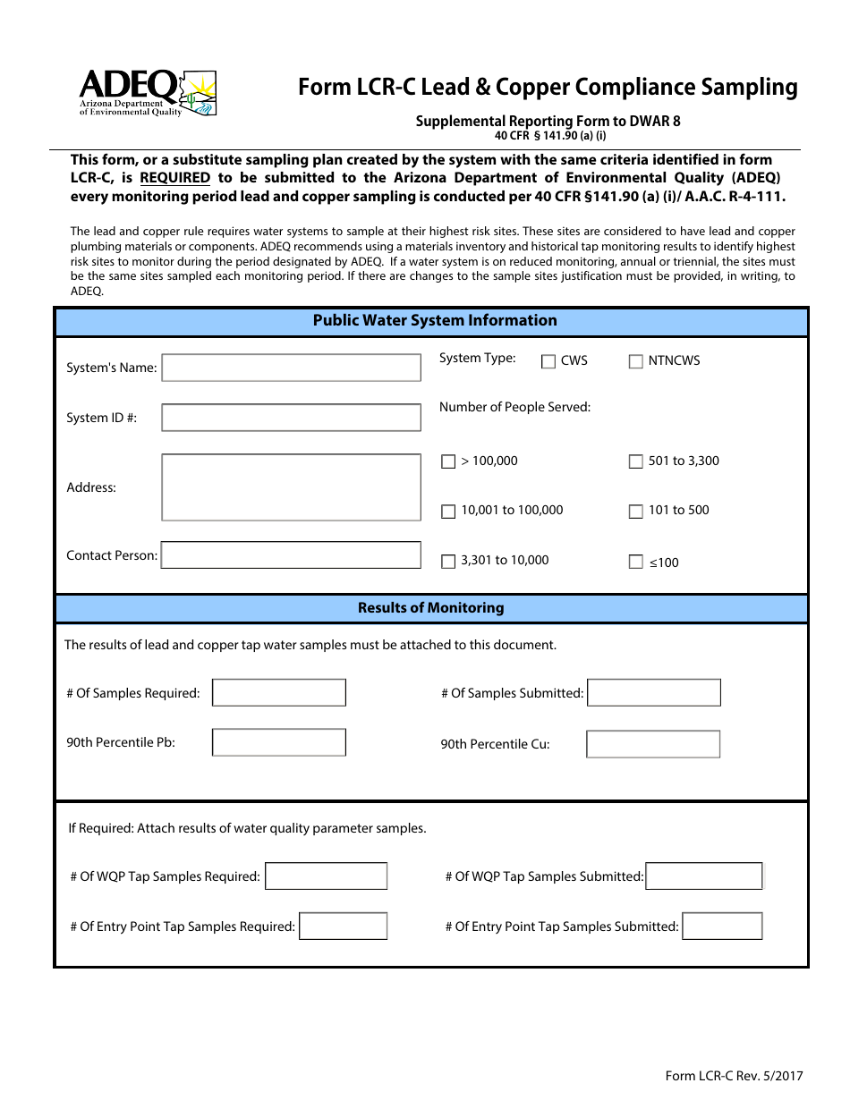 ADEQ Form LCR-C Lead  Copper Compliance Sampling - Arizona, Page 1