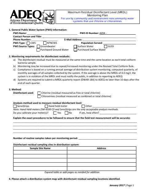 Maximum Residual Disinfectant Level (Mrdl) Monitoring Plan Form - Arizona Download Pdf