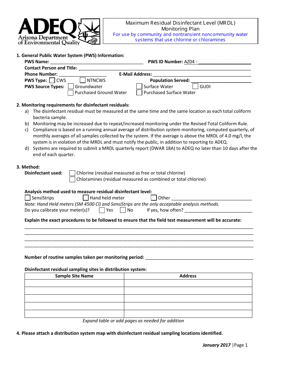 Maximum Residual Disinfectant Level (Mrdl) Monitoring Plan Form - Arizona, Page 1