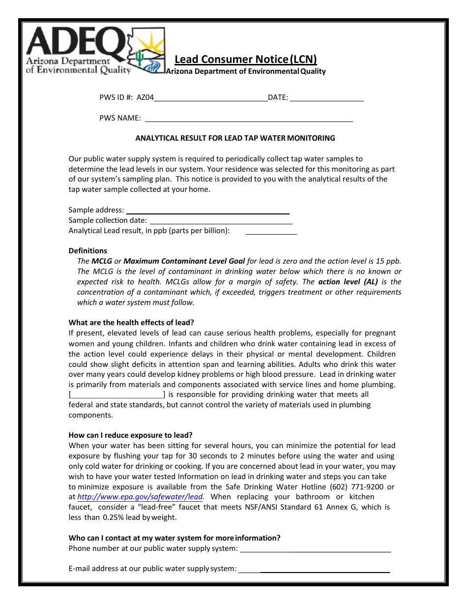 Lead Consumer Notice (Lcn) Form - Arizona, Page 1