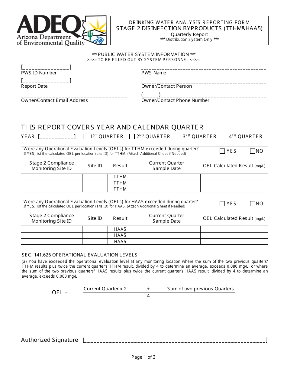 ADEQ Form DWAR33 Drinking Water Analysis Reporting Form - Stage 2 Disinfection Byproducts (Tthmhaa5) - Quarterly Report - Arizona, Page 1