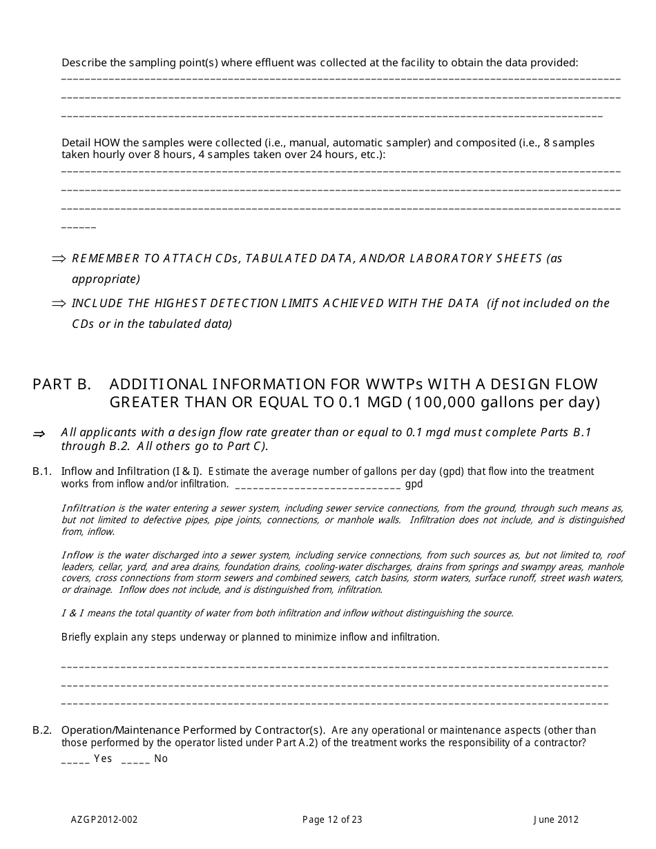 AZPDES General Permit Azgp2012-002 Notice of Intent (Noi) for Minor Discharges of Domestic Wastewater to Waters of the United States - Arizona, Page 12