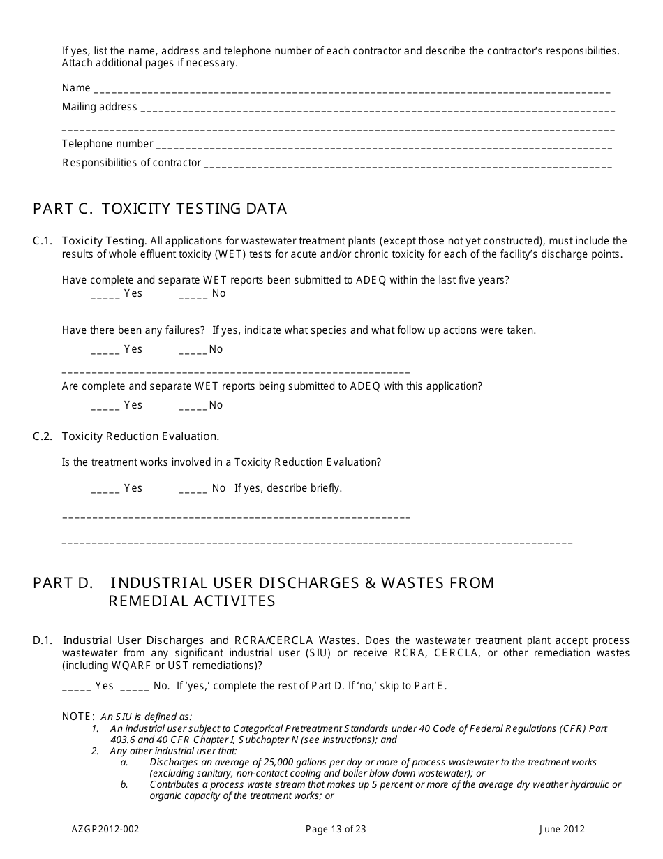 AZPDES General Permit Azgp2012-002 Notice of Intent (Noi) for Minor Discharges of Domestic Wastewater to Waters of the United States - Arizona, Page 13