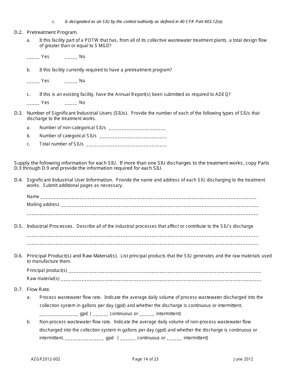 AZPDES General Permit Azgp2012-002 Notice of Intent (Noi) for Minor Discharges of Domestic Wastewater to Waters of the United States - Arizona, Page 14