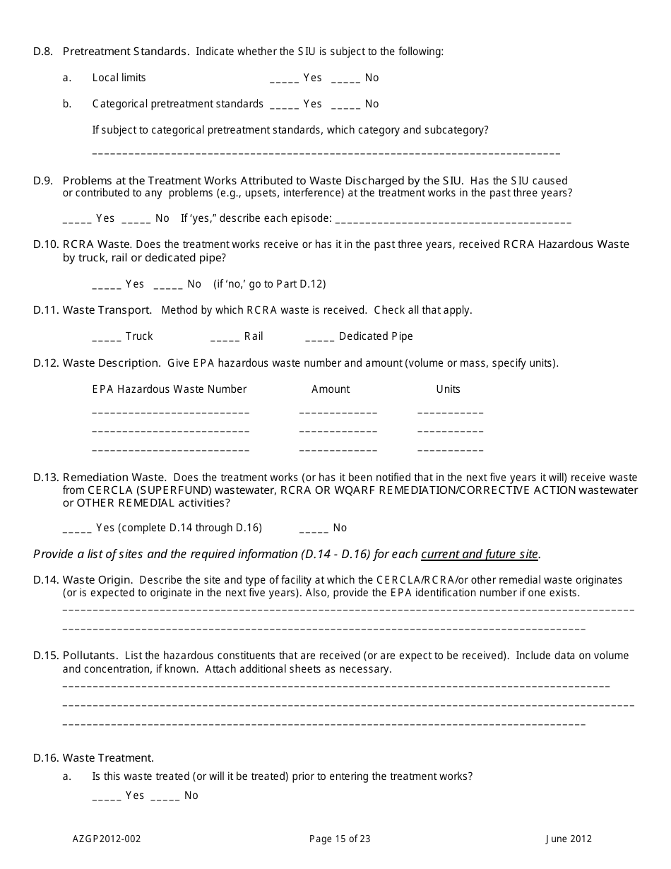 AZPDES General Permit Azgp2012-002 Notice of Intent (Noi) for Minor Discharges of Domestic Wastewater to Waters of the United States - Arizona, Page 15