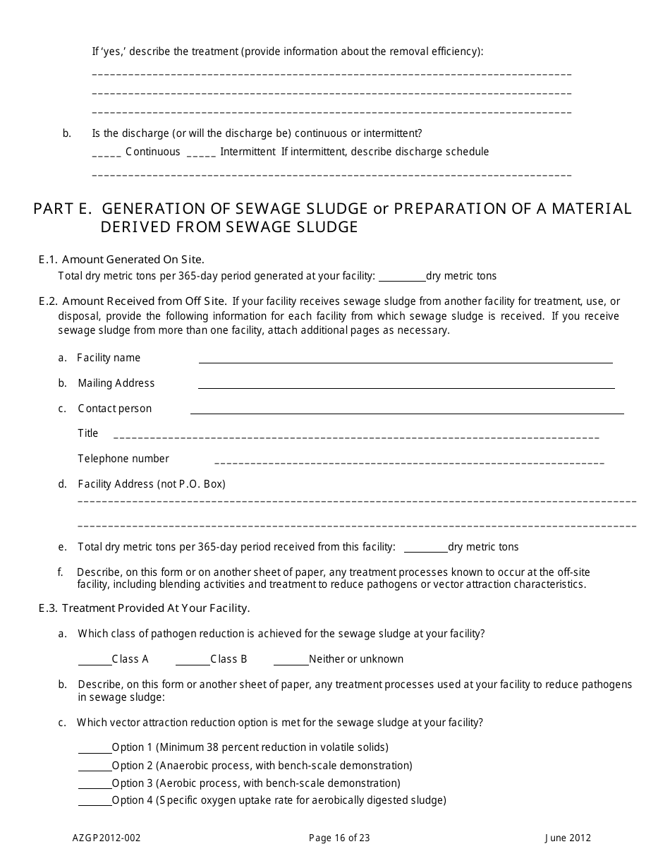 AZPDES General Permit Azgp2012-002 Notice of Intent (Noi) for Minor Discharges of Domestic Wastewater to Waters of the United States - Arizona, Page 16