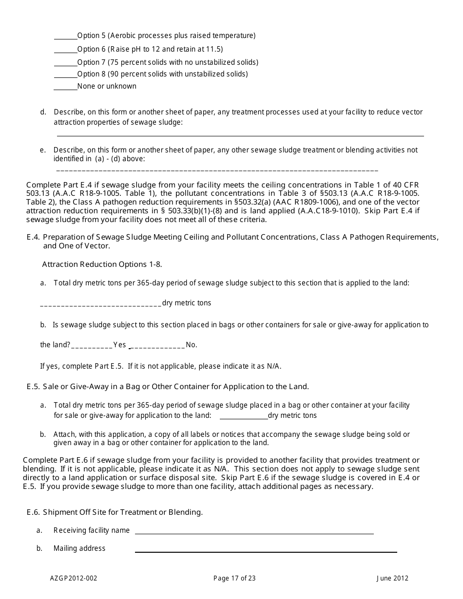 AZPDES General Permit Azgp2012-002 Notice of Intent (Noi) for Minor Discharges of Domestic Wastewater to Waters of the United States - Arizona, Page 17