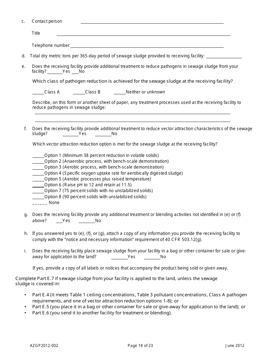 AZPDES General Permit Azgp2012-002 Notice of Intent (Noi) for Minor Discharges of Domestic Wastewater to Waters of the United States - Arizona, Page 18