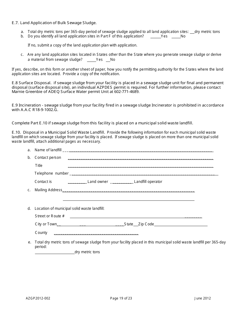 AZPDES General Permit Azgp2012-002 Notice of Intent (Noi) for Minor Discharges of Domestic Wastewater to Waters of the United States - Arizona, Page 19