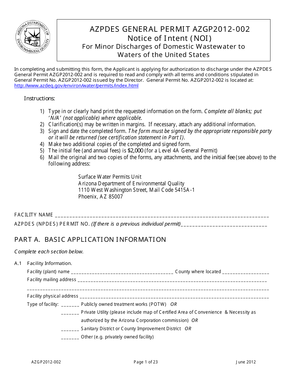 AZPDES General Permit Azgp2012-002 Notice of Intent (Noi) for Minor Discharges of Domestic Wastewater to Waters of the United States - Arizona, Page 1