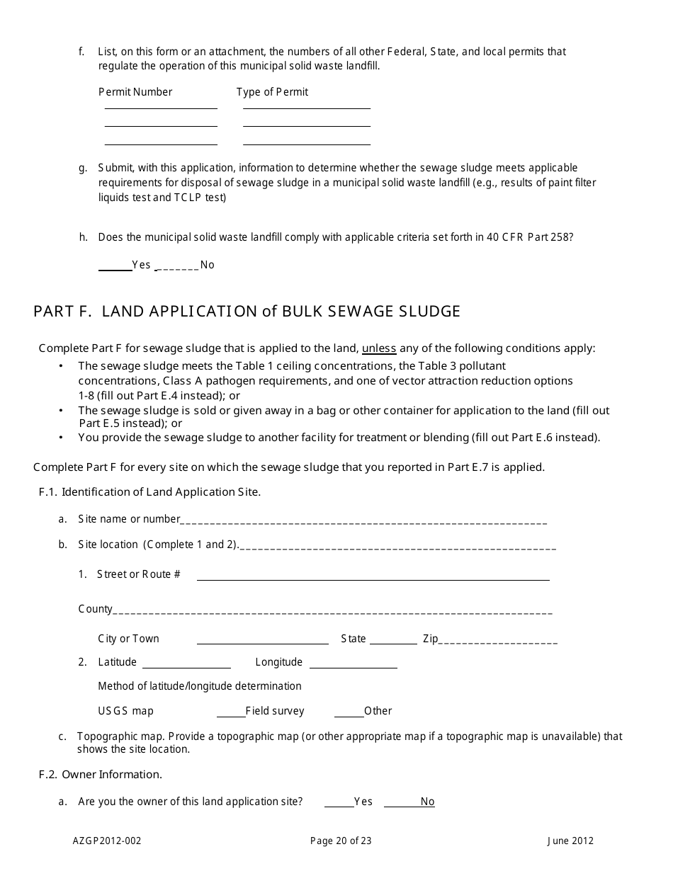 AZPDES General Permit Azgp2012-002 Notice of Intent (Noi) for Minor Discharges of Domestic Wastewater to Waters of the United States - Arizona, Page 20