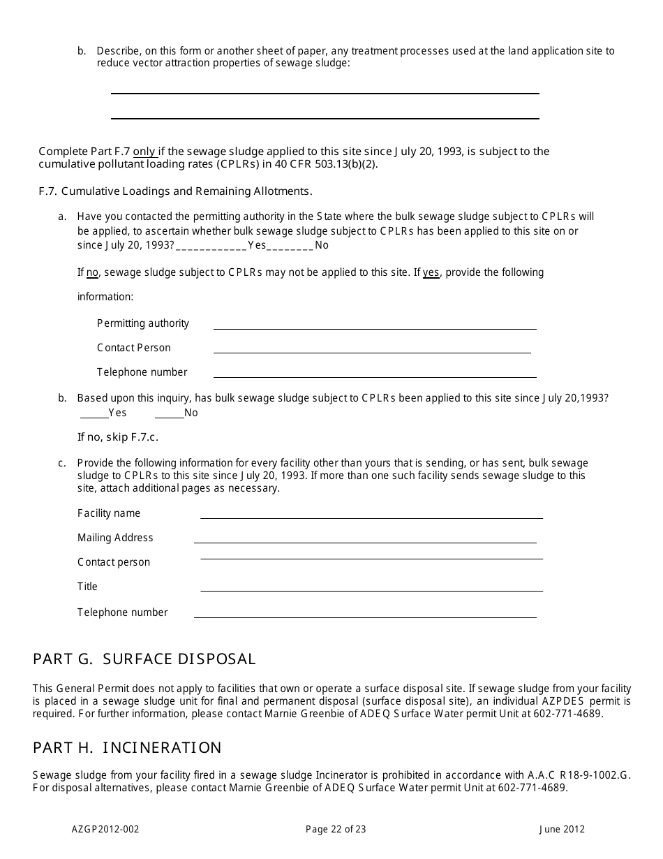 AZPDES General Permit Azgp2012-002 Notice of Intent (Noi) for Minor Discharges of Domestic Wastewater to Waters of the United States - Arizona, Page 22
