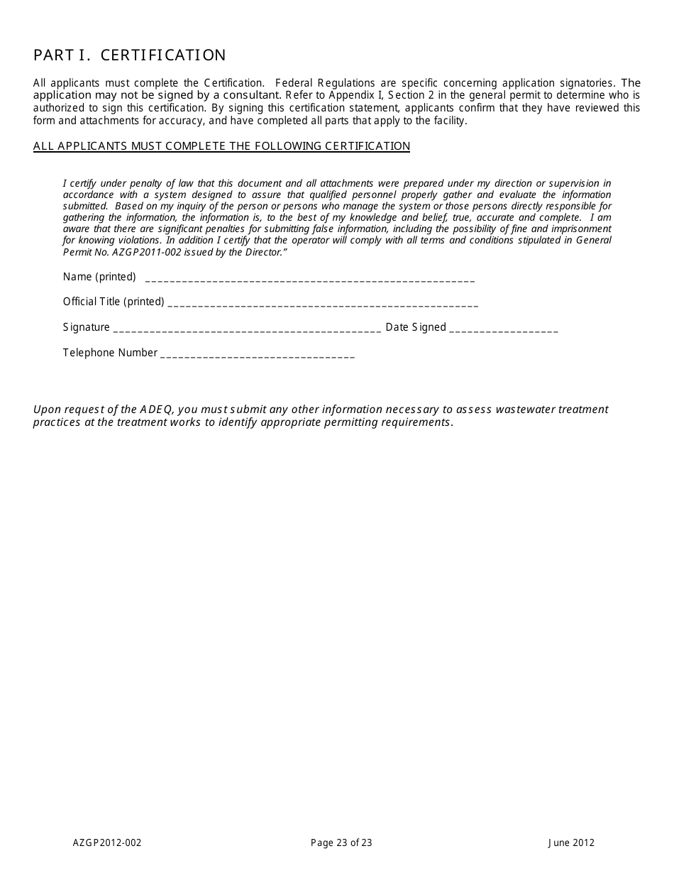 AZPDES General Permit Azgp2012-002 Notice of Intent (Noi) for Minor Discharges of Domestic Wastewater to Waters of the United States - Arizona, Page 23