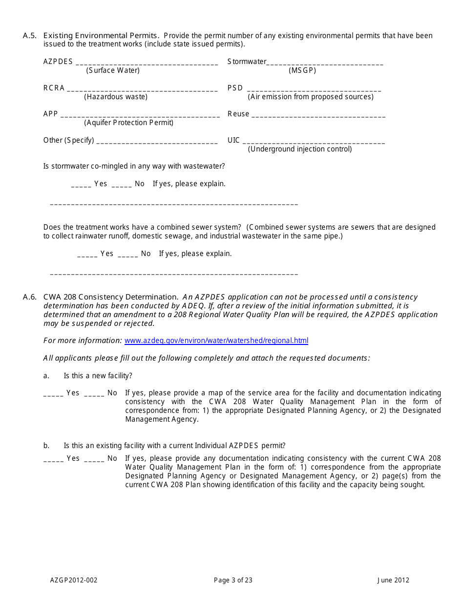 AZPDES General Permit Azgp2012-002 Notice of Intent (Noi) for Minor Discharges of Domestic Wastewater to Waters of the United States - Arizona, Page 3