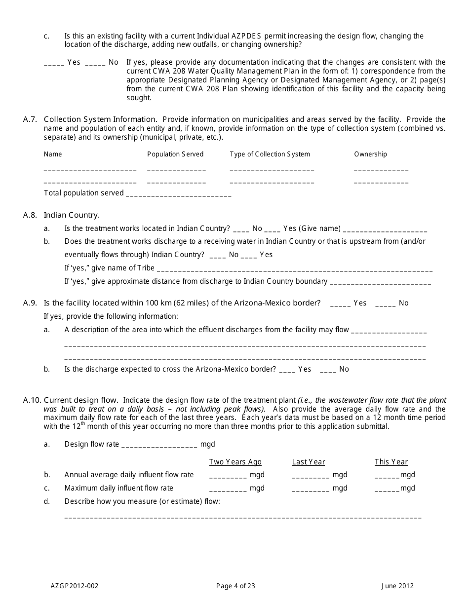 AZPDES General Permit Azgp2012-002 Notice of Intent (Noi) for Minor Discharges of Domestic Wastewater to Waters of the United States - Arizona, Page 4