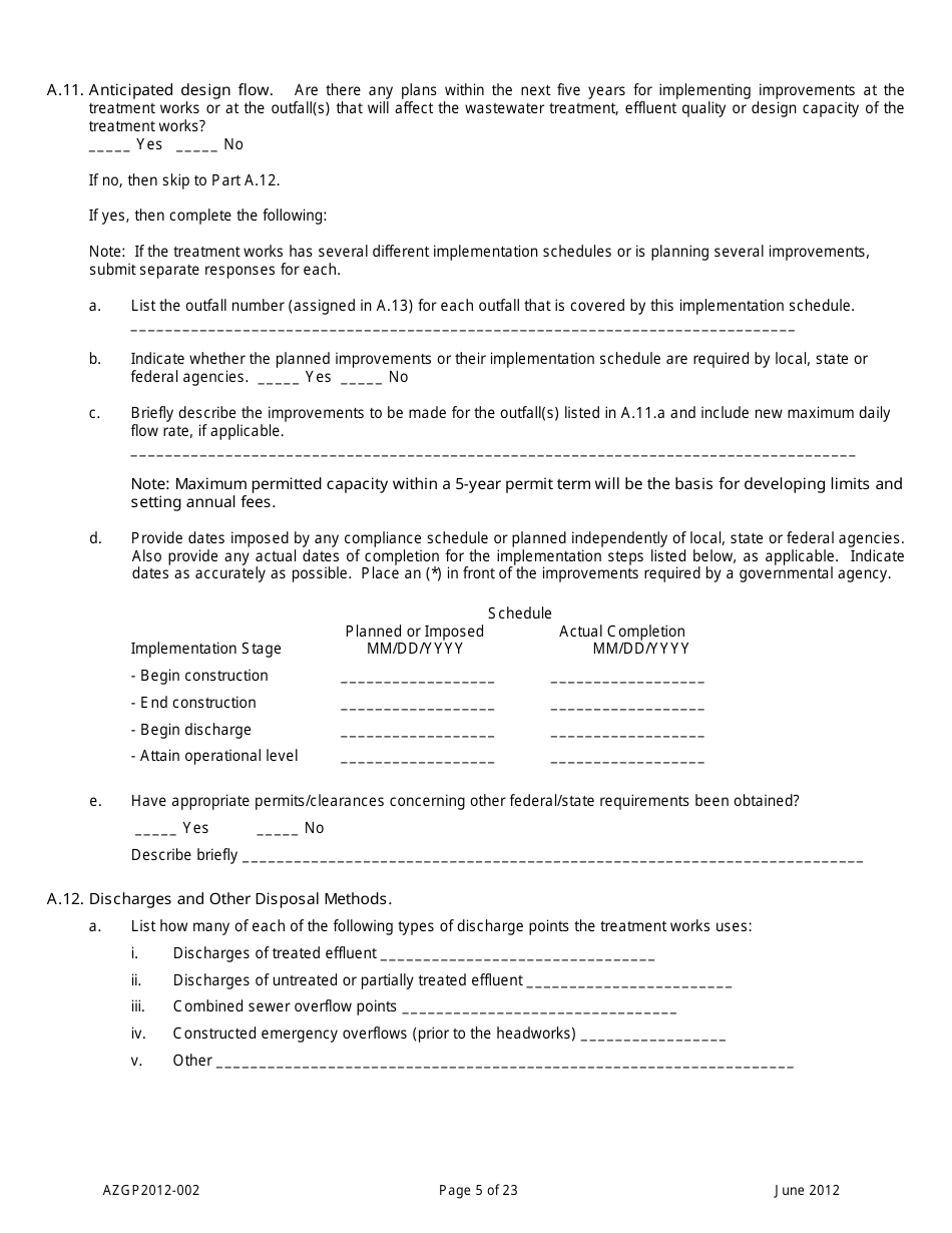 AZPDES General Permit Azgp2012-002 Notice of Intent (Noi) for Minor Discharges of Domestic Wastewater to Waters of the United States - Arizona, Page 5