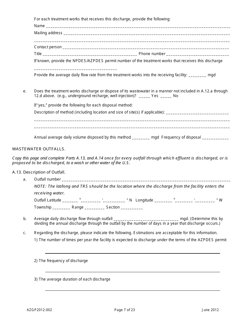 AZPDES General Permit Azgp2012-002 Notice of Intent (Noi) for Minor Discharges of Domestic Wastewater to Waters of the United States - Arizona, Page 7