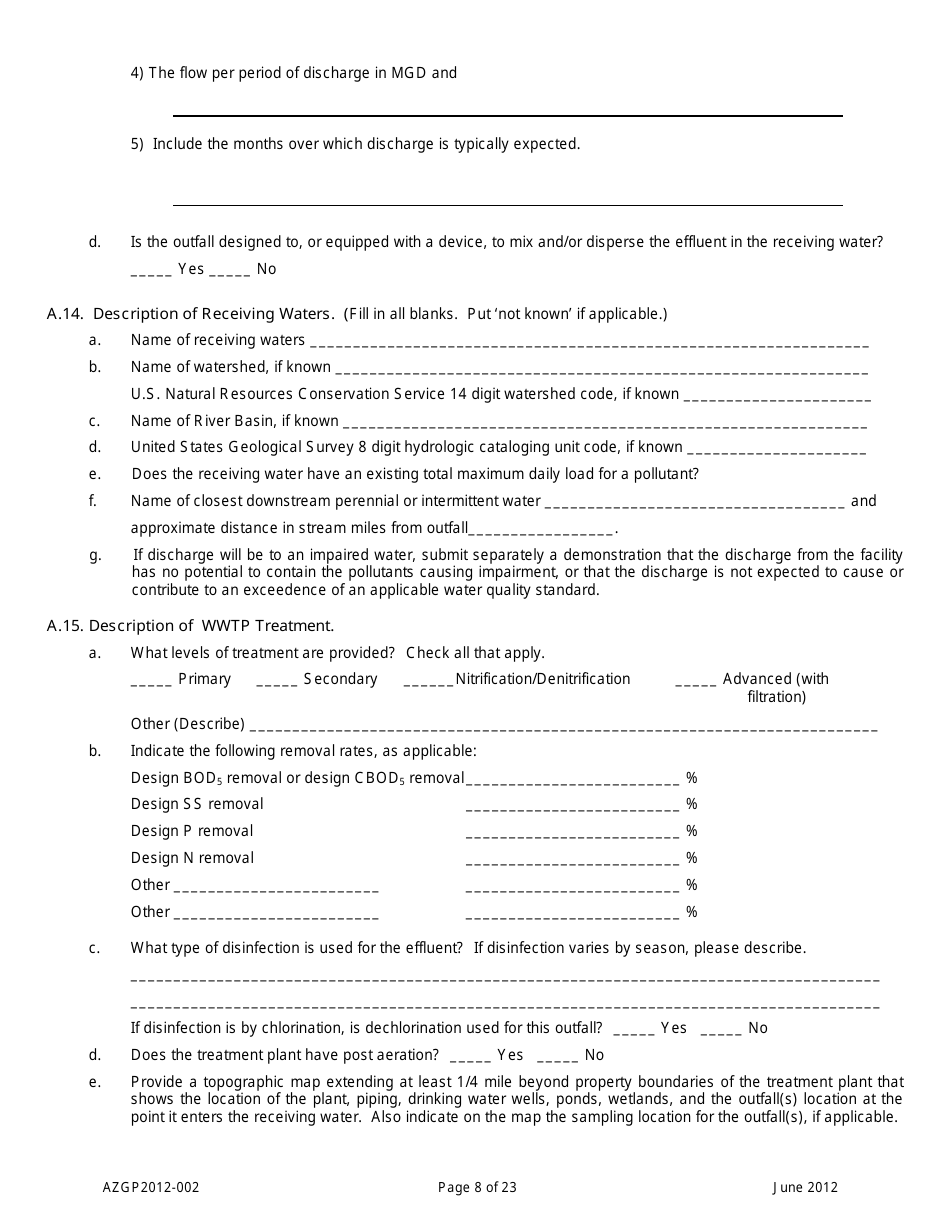AZPDES General Permit Azgp2012-002 Notice of Intent (Noi) for Minor Discharges of Domestic Wastewater to Waters of the United States - Arizona, Page 8