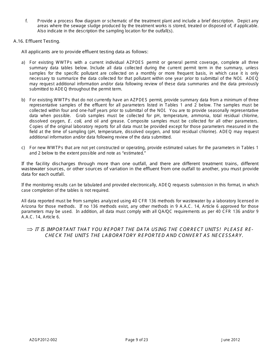 AZPDES General Permit Azgp2012-002 Notice of Intent (Noi) for Minor Discharges of Domestic Wastewater to Waters of the United States - Arizona, Page 9