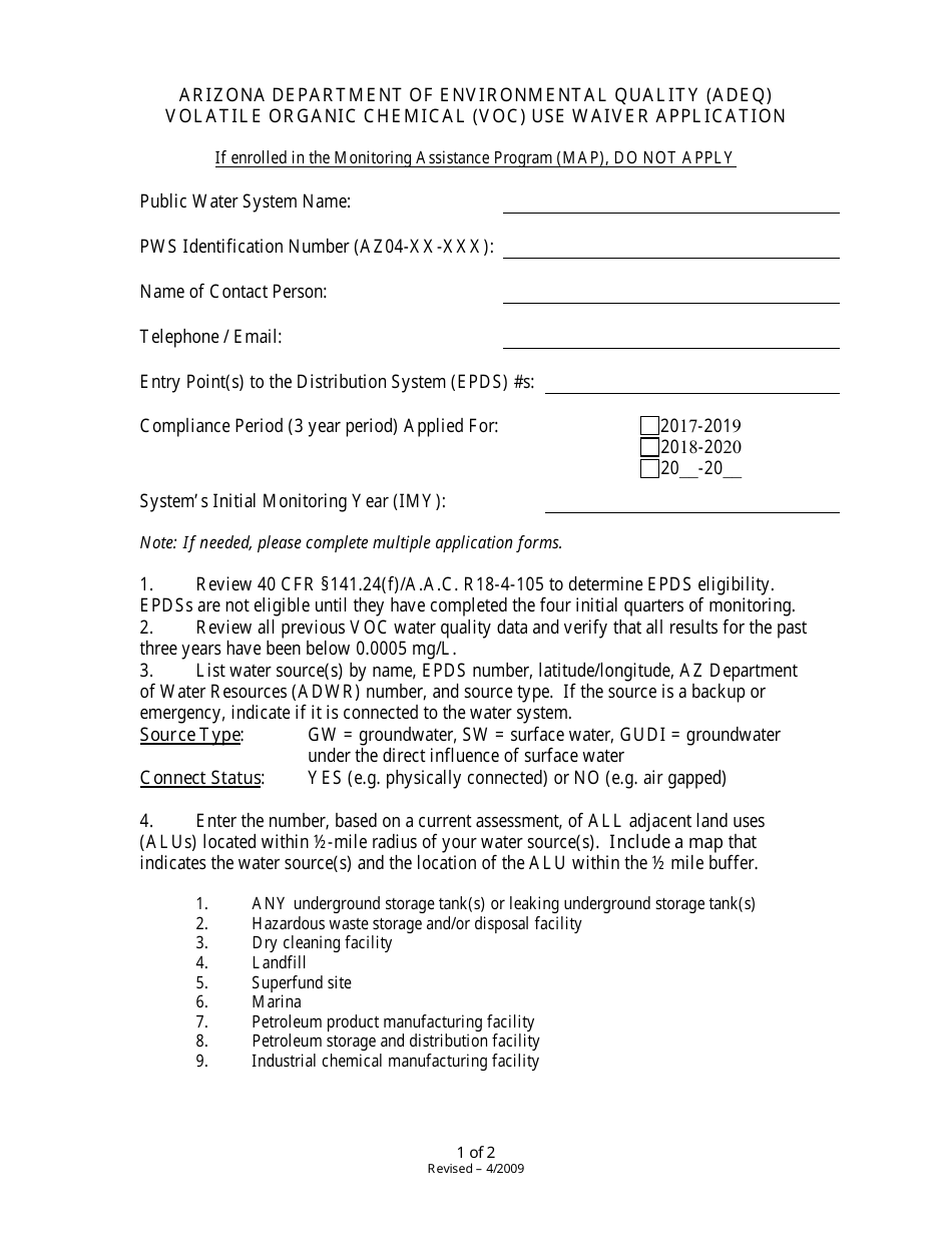 Volatile Organic Chemical (VOC) Use Waiver Application Form - Arizona, Page 1