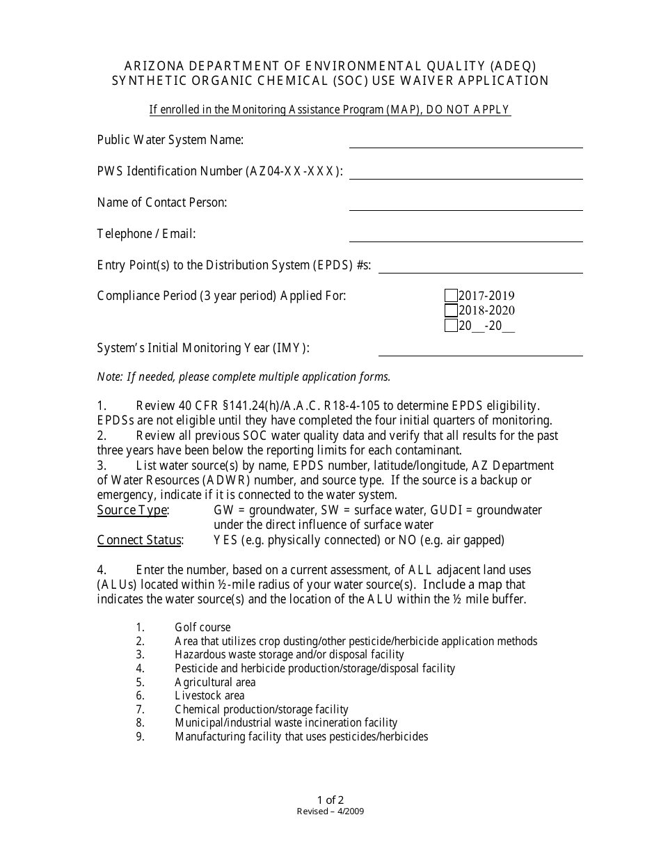 Synthetic Organic Chemical (Soc) Use Waiver Application Form - Arizona, Page 1
