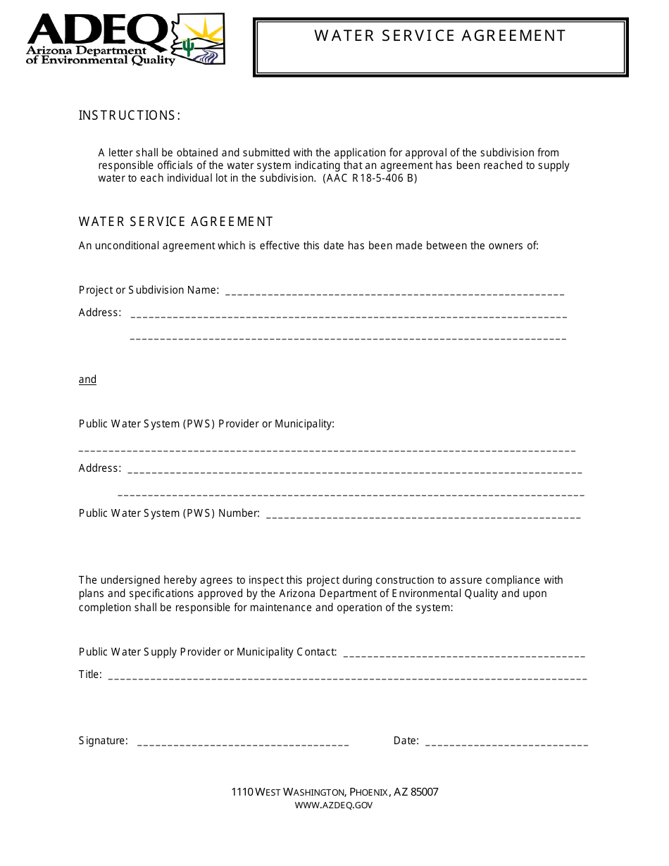 Water Service Agreement Form - Arizona, Page 1