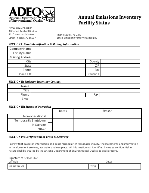 Annual Emissions Inventory Form - Facility Status - Arizona