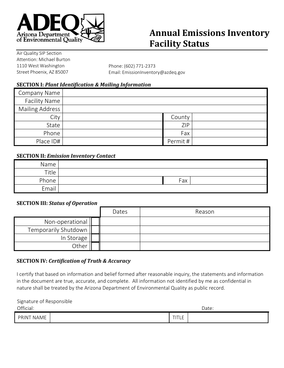 Annual Emissions Inventory Form - Facility Status - Arizona, Page 1