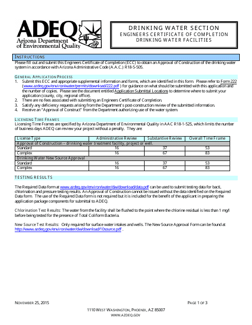 Engineers Certificate of Completion - Drinking Water Facilities - Arizona Download Pdf
