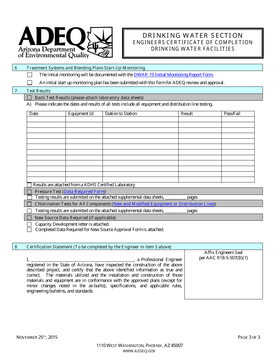 Engineers Certificate of Completion - Drinking Water Facilities - Arizona, Page 3