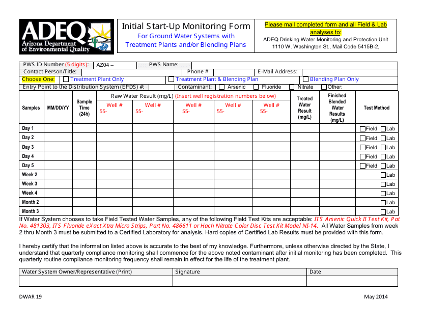 ADEQ Form DWAR19 Initial Start-Up Monitoring Form for Ground Water Systems With Treatment Plants and/or Blending Plans - Arizona