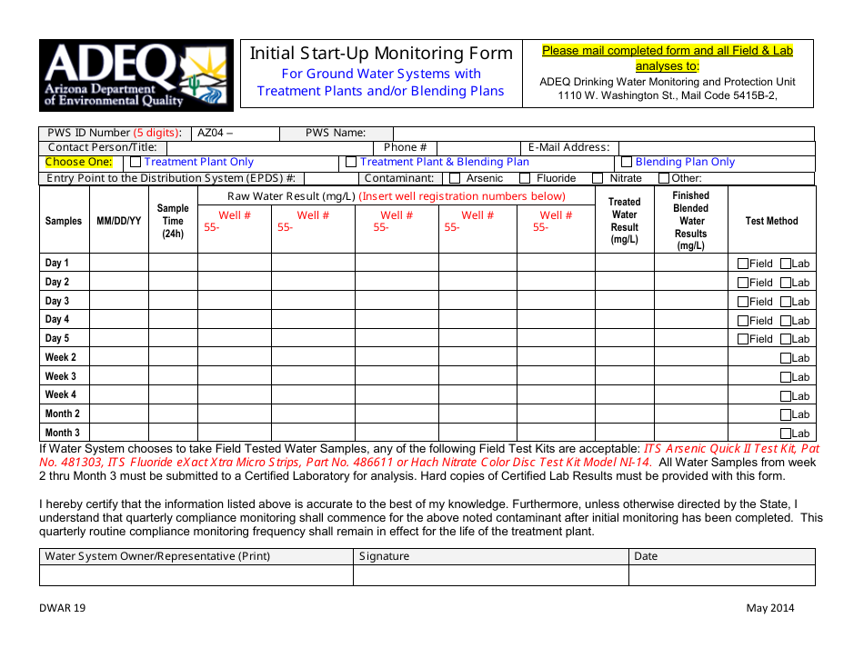 ADEQ Form DWAR19 Initial Start-Up Monitoring Form for Ground Water Systems With Treatment Plants and / or Blending Plans - Arizona, Page 1