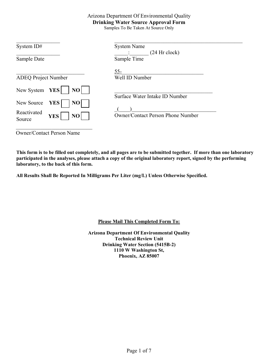 Drinking Water Source Approval Form - Arizona, Page 1