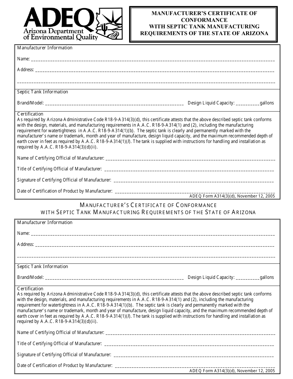 ADEQ Form A314(3)(D) Manufacturers Certificate of Conformance With Septic Tank Manufacturing Requirements of the State of Arizona - Arizona, Page 1