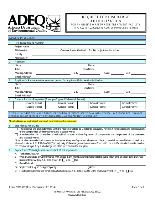 ADEQ Form GWS422 Request for Discharge Authorization for an on-Site Wastewater Treatment Facility - Type 4.02 to 4.23 General Aquifer Protection Permits - Arizona